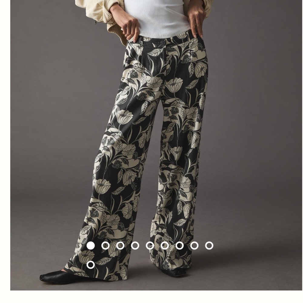 MAEVE BY ANTHROPOLOGIE Soft Wide-leg Linen Pants Floral Black White Women's 8